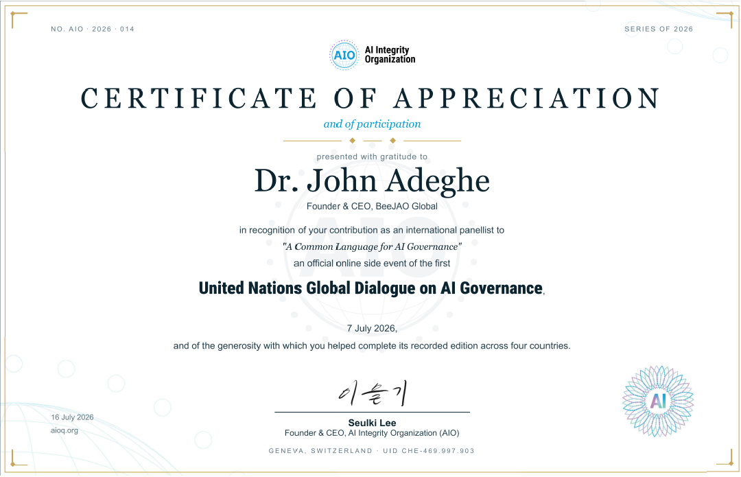 Certificate of Appreciation presented to Dr. John Adeghe